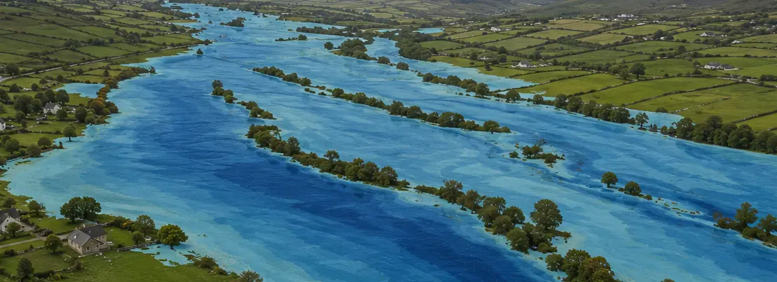 Aerial illustration of a river floodplain during an extreme flood event, with floodwater extending across fields either side of the channel